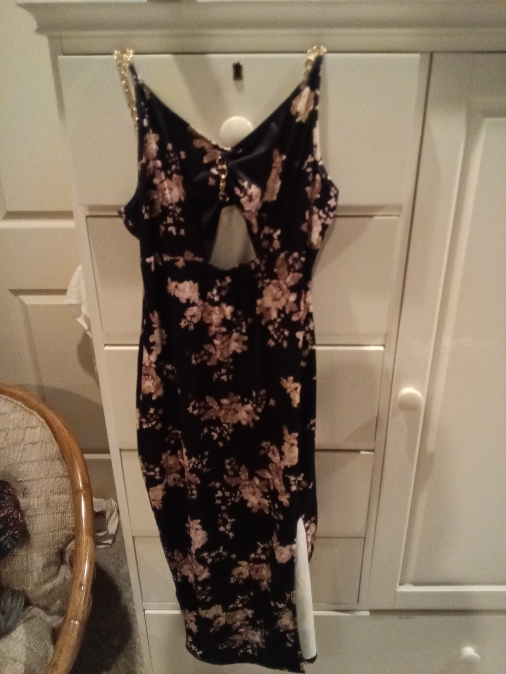 SHEIN Black Floral Backless Slip Dress with Gold Chain Straps